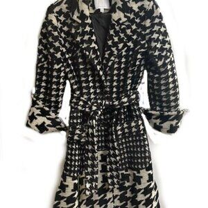 Ett:twa by Anthropologie Wool Coat Belted in Houndstooth Black White XS